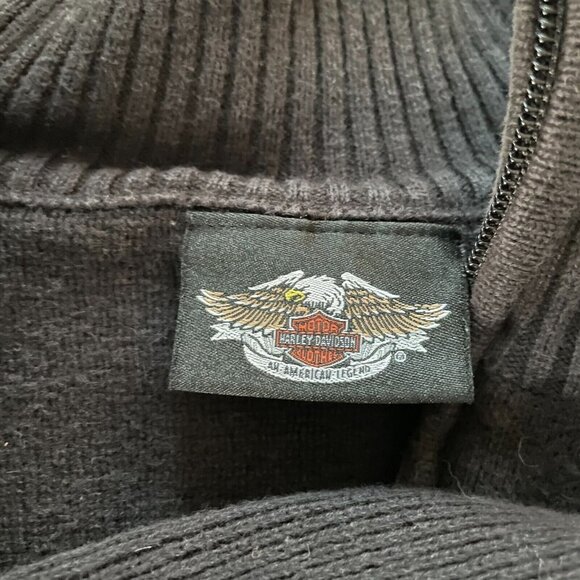 Harley Davidson Men Quarter Zip Mock Neck Sweater Three Stripe Black and Orange - Picture 10 of 11
